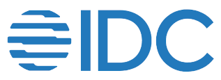 Logo of the IDC, light blue on a white background