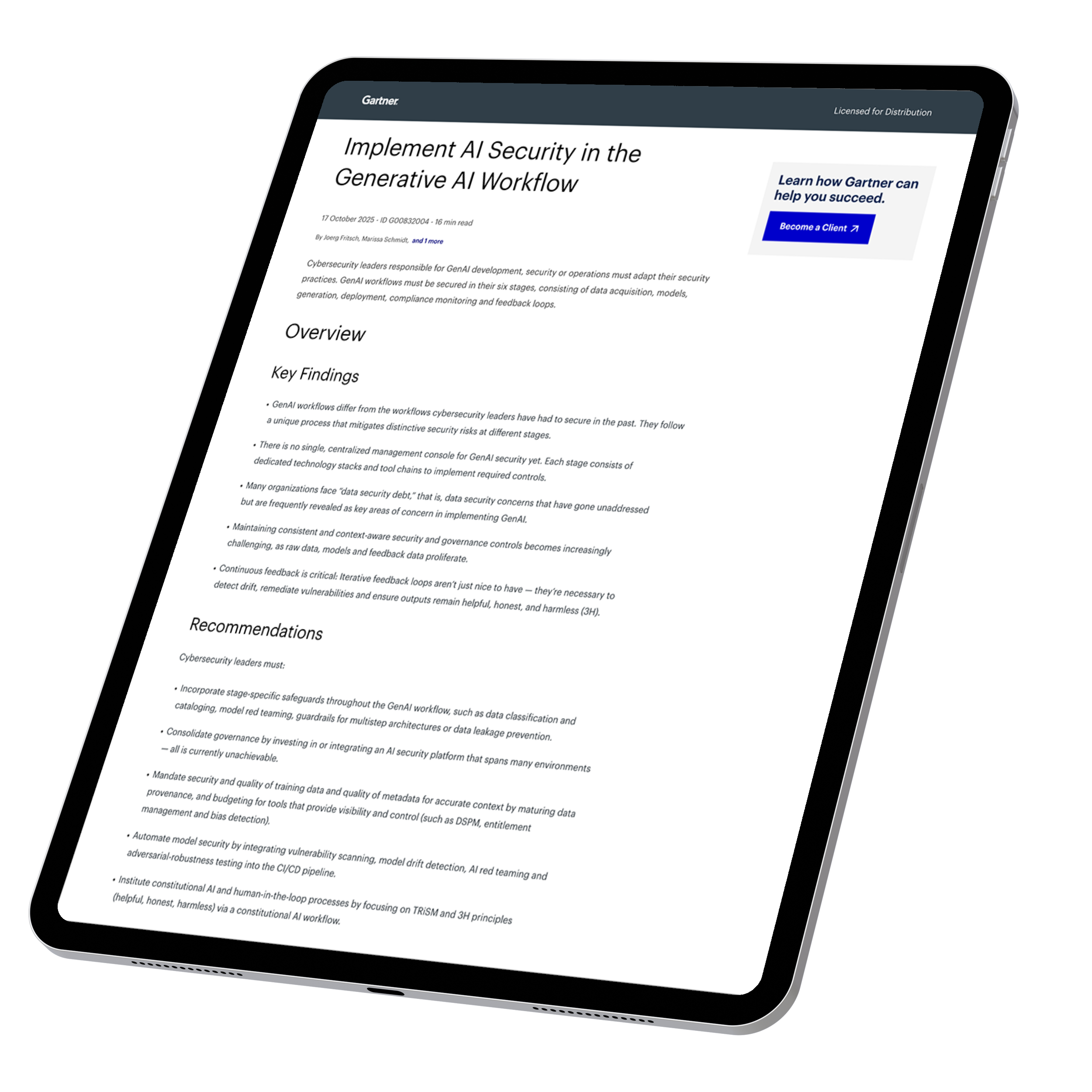 A view of a tablet at an angle, showing the first page for the Gartner report "Implement AI Security in the Generative AI Workflow"